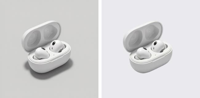 Earbuds in a charging case on a grey background, and the same earbuds cut out with no background