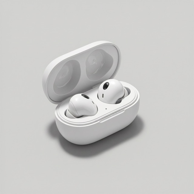A studio photo of white wireless earbuds in an open charging case on a grey background