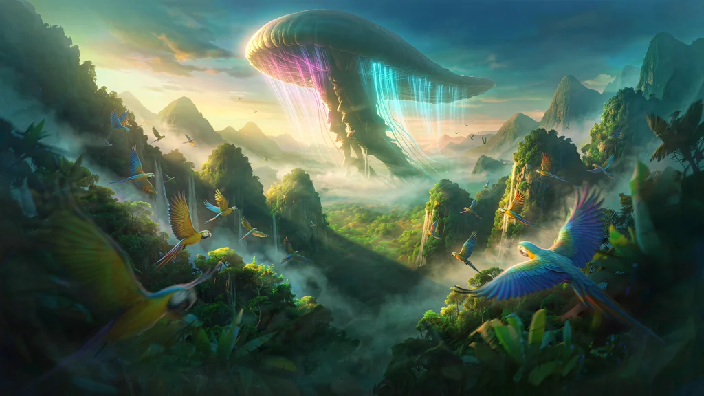 A luminous jellyfish-shaped island floating above a rainforest canyon with colourful birds.