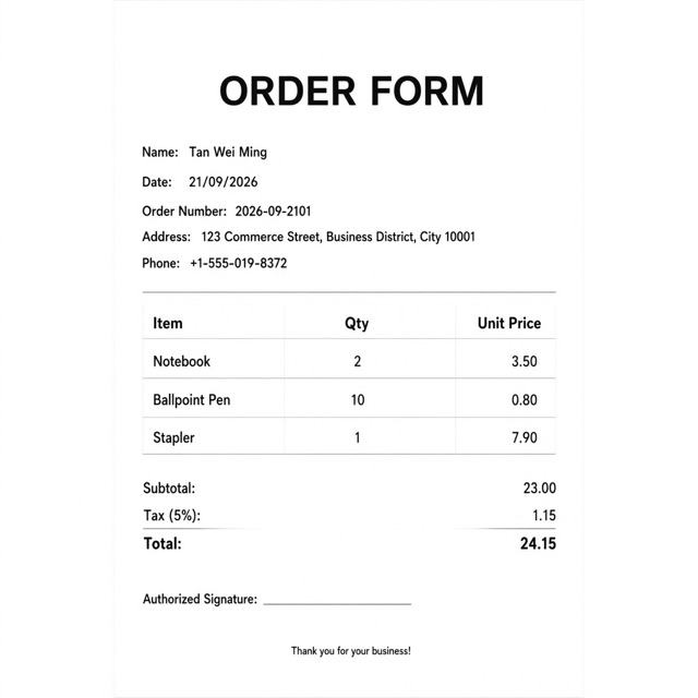 A scanned order form with a three-row table of items, quantities and unit prices