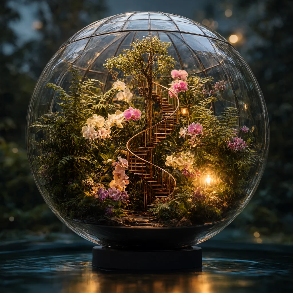 A miniature greenhouse in a glowing glass sphere, with ferns and a copper staircase above a dark teal pool.