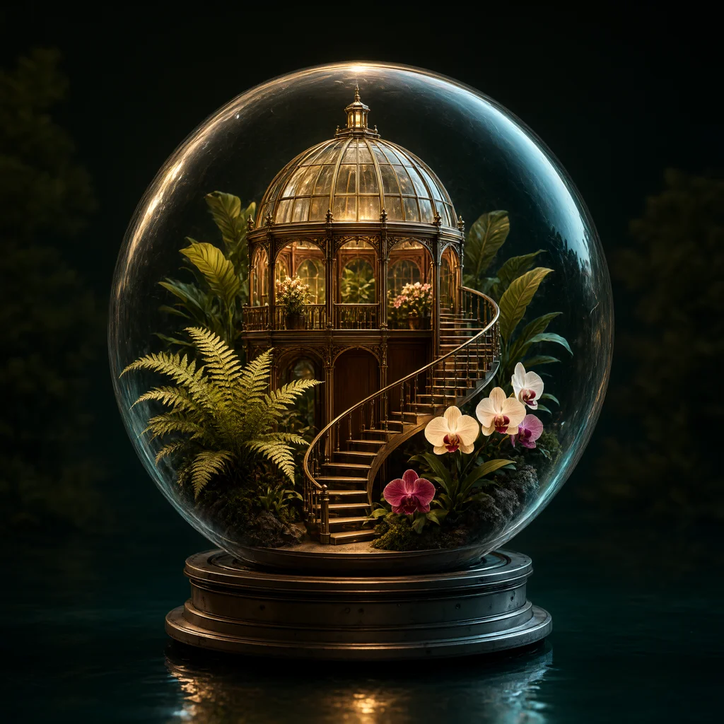A luminous glass sphere containing a miniature greenhouse with orchids, a copper staircase and warm amber light.