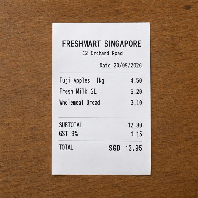 A printed supermarket receipt from Freshmart Singapore, total SGD 13.95