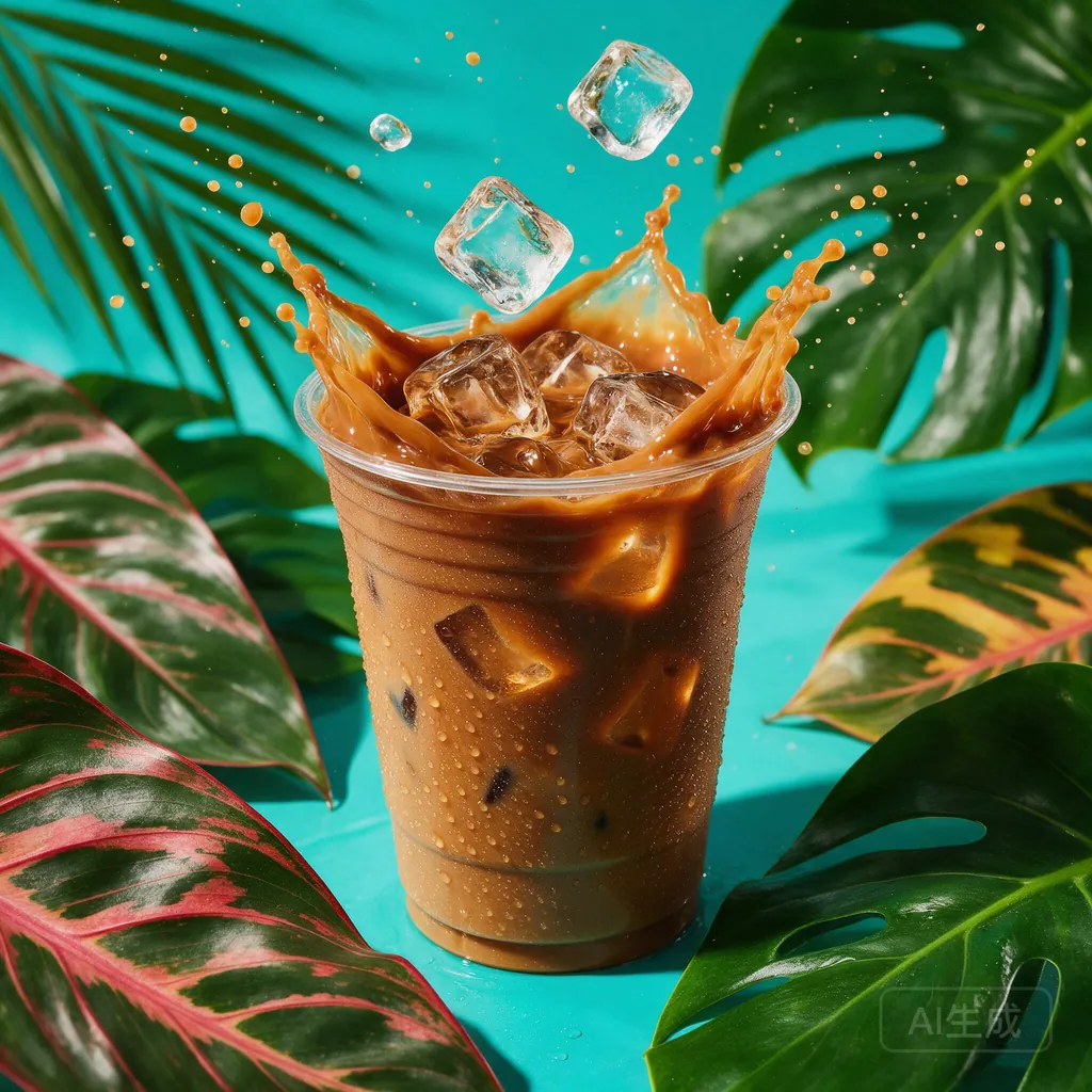 A clear cup of iced coffee with ice cubes and a coffee splash, against a turquoise background with tropical leaves.