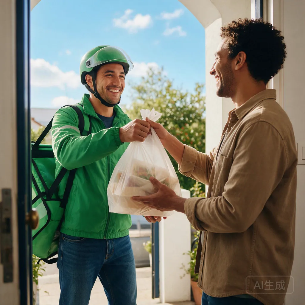 A delivery rider in a green jacket and helmet handing a bag of food to a customer at a doorway on a sunny day.
