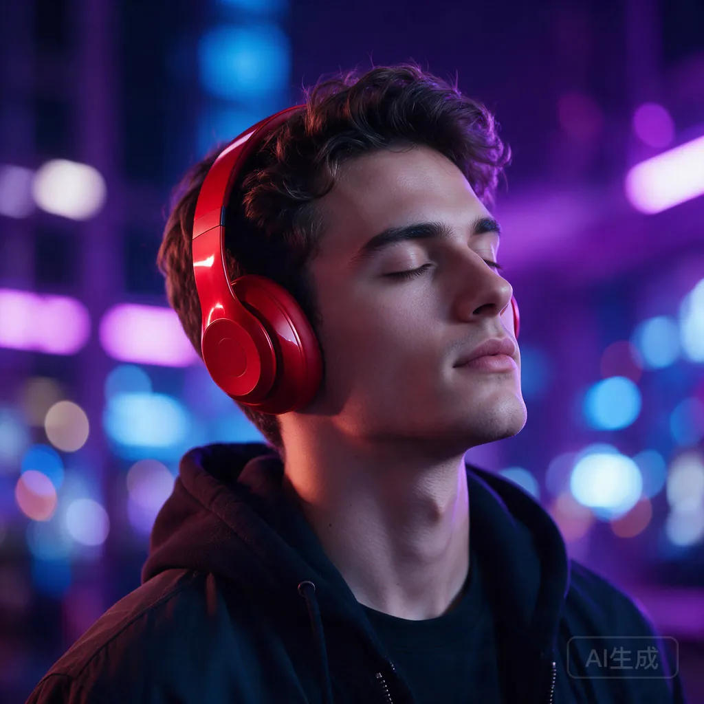A young man with his eyes closed wearing red wireless headphones, with purple and blue city lights blurred behind him.