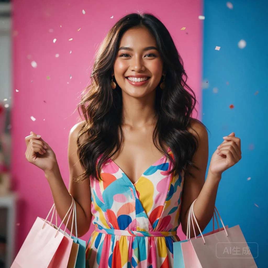 A smiling woman in a colourful summer dress holding shopping bags in front of a pink and blue backdrop, with confetti in the air.