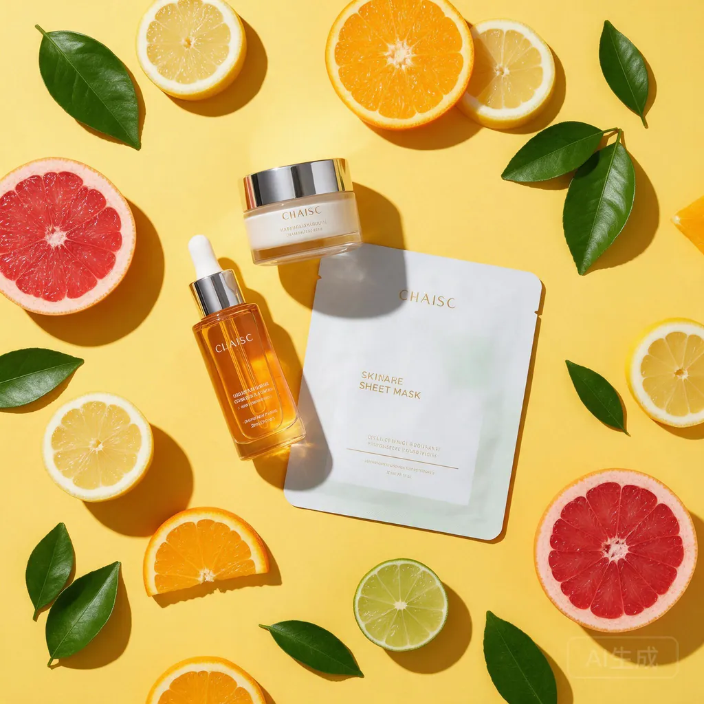A serum bottle, a cream jar and a sheet mask pack on a yellow surface, surrounded by citrus slices and green leaves.