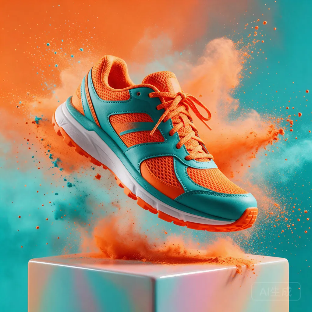 An orange and teal running sneaker floating above a pastel podium, with orange and teal colour powder around it.