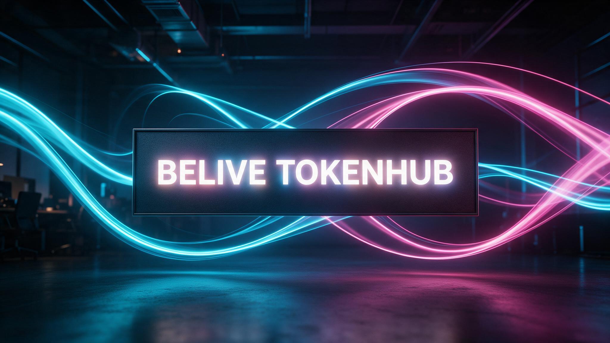 BELIVE TOKENHUB sign surrounded by cyan and magenta light ribbons in a dark studio