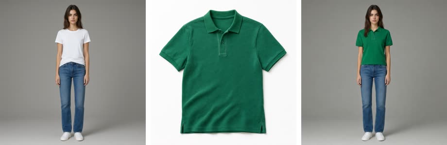 A model in a white t-shirt, a green polo shirt, and the same model wearing the green polo shirt