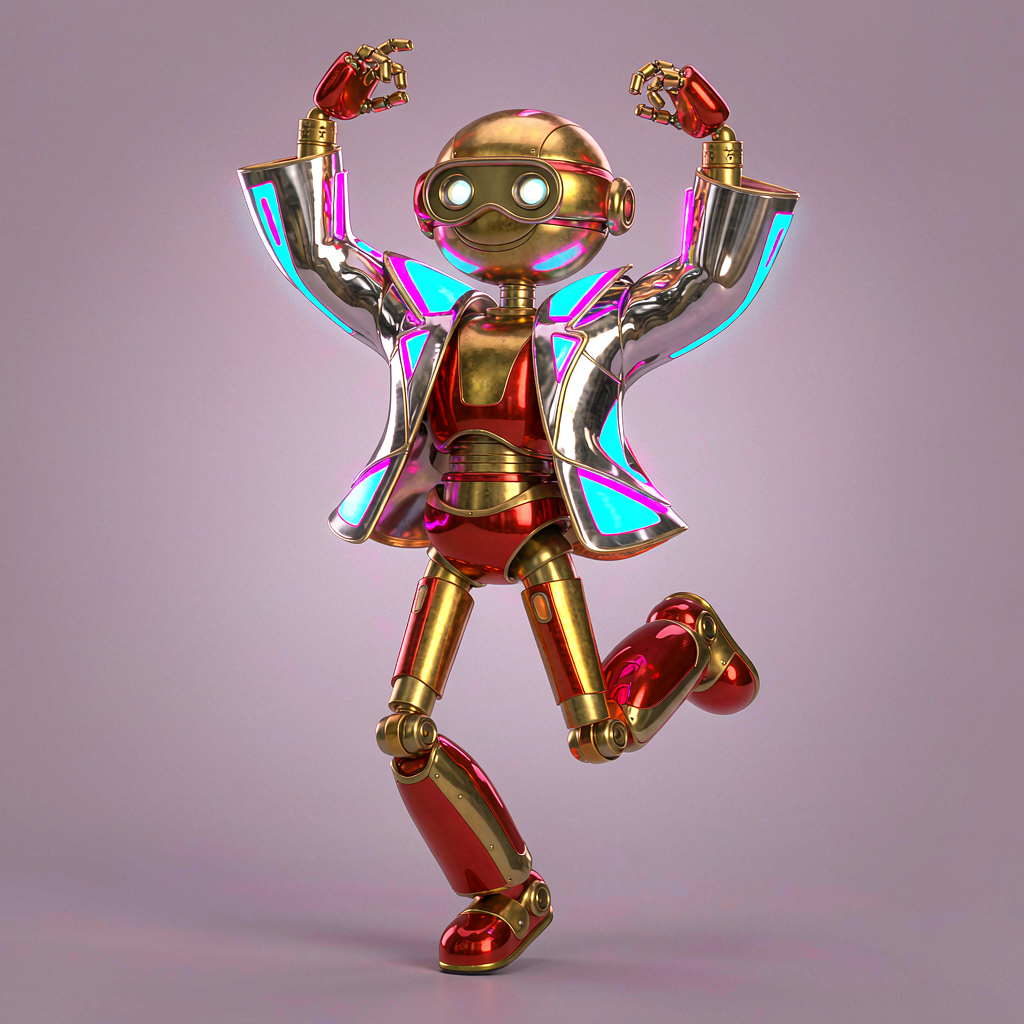 An original brass and red robot character in a colourful disco jacket.