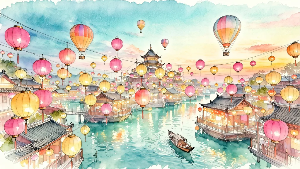 The lantern market restyled as a watercolour and ink illustration.