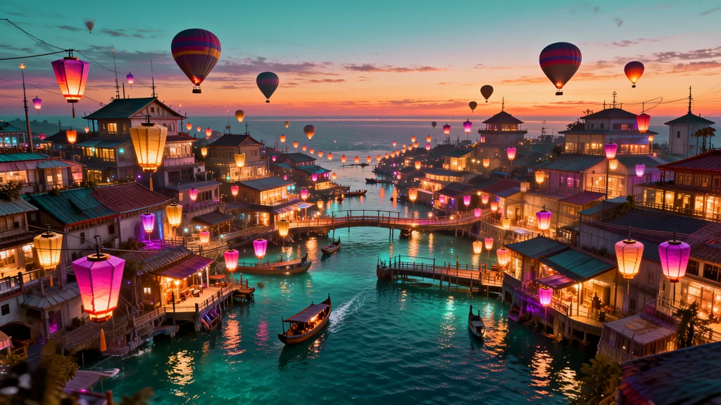 A lantern-lit night market beside turquoise canals at dusk, with hot-air balloons overhead.
